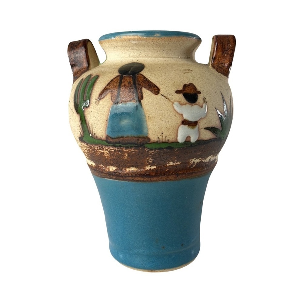 Mexican Sand Stone Pottery Mother & Child Vase Double Handle 6”